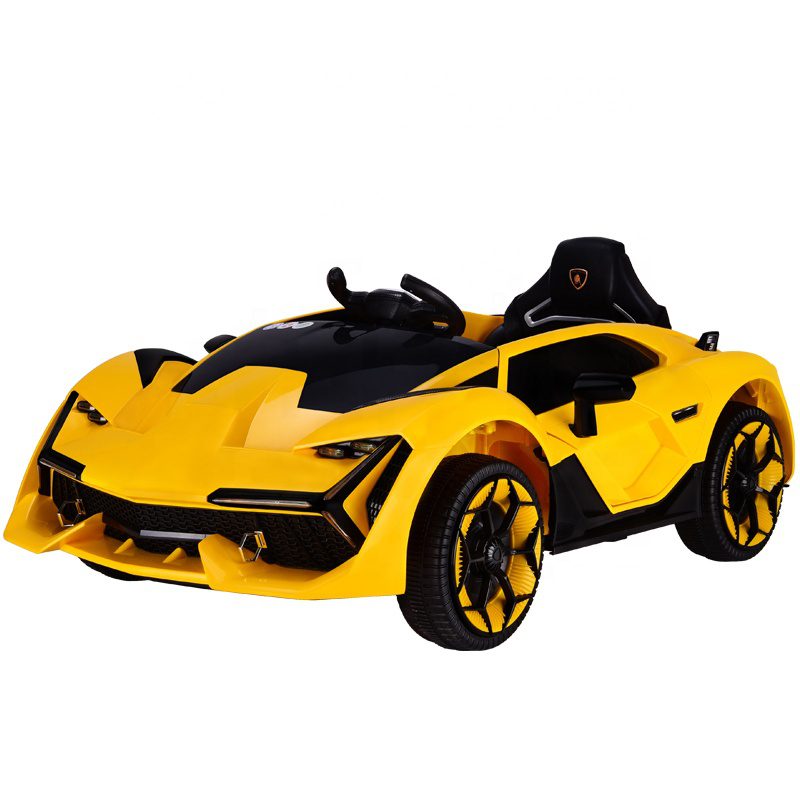 Yellow 12V Lamborghini inspired kids ride-on electric car with remote control and twin motors for ages 3 and up