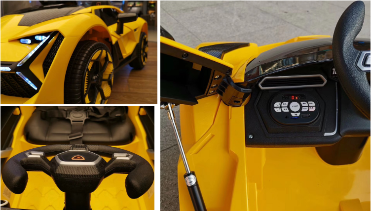 Close-up views of a yellow 12V Lamborghini-inspired kids electric ride-on car with steering wheel and control panel.