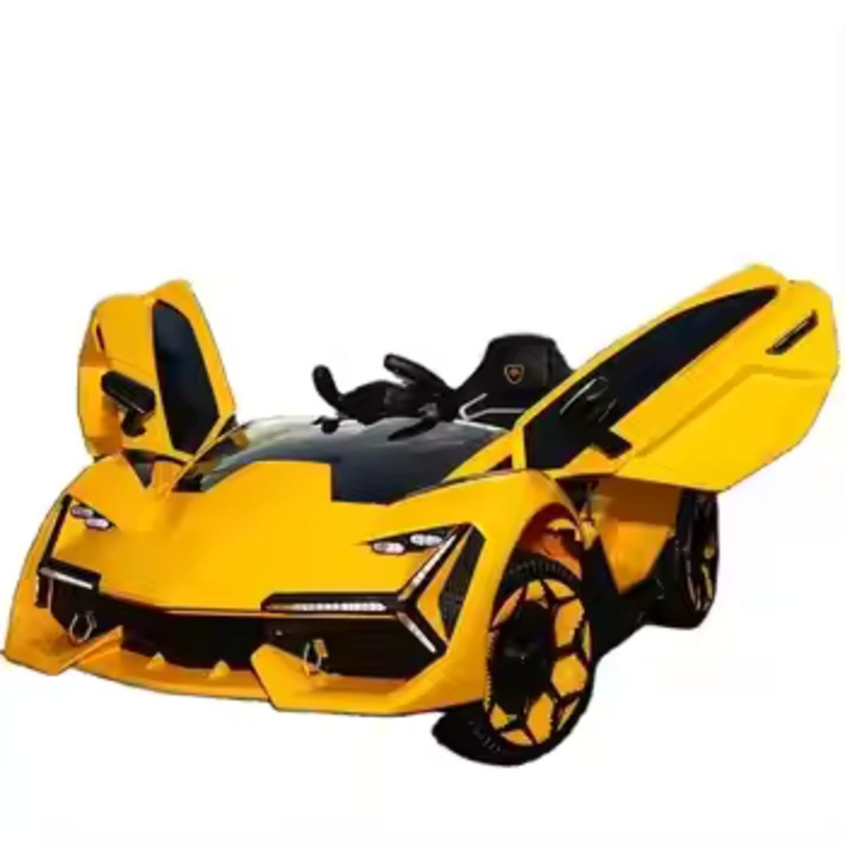 Yellow 12V kids ride-on electric car inspired by Lamborghini with opening doors and sporty design for ages 3 and up