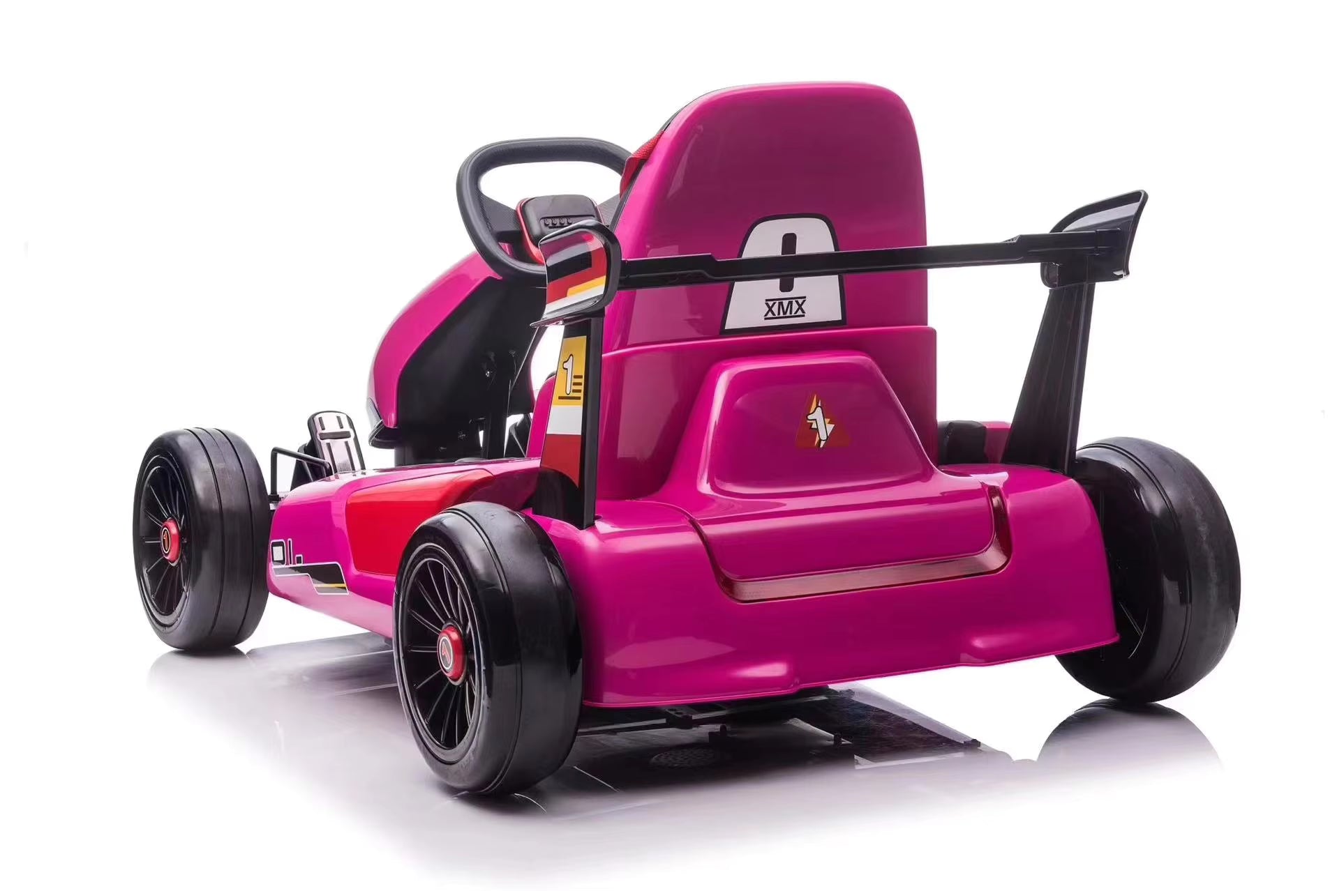 Rear view of pink 24V electric kids go-kart with drift function, black wheels, safety bars, and motors visible