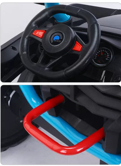 Close-up of steering wheel with red buttons and a red safety bar on a kids 2-seater ride-on buggy car interior.