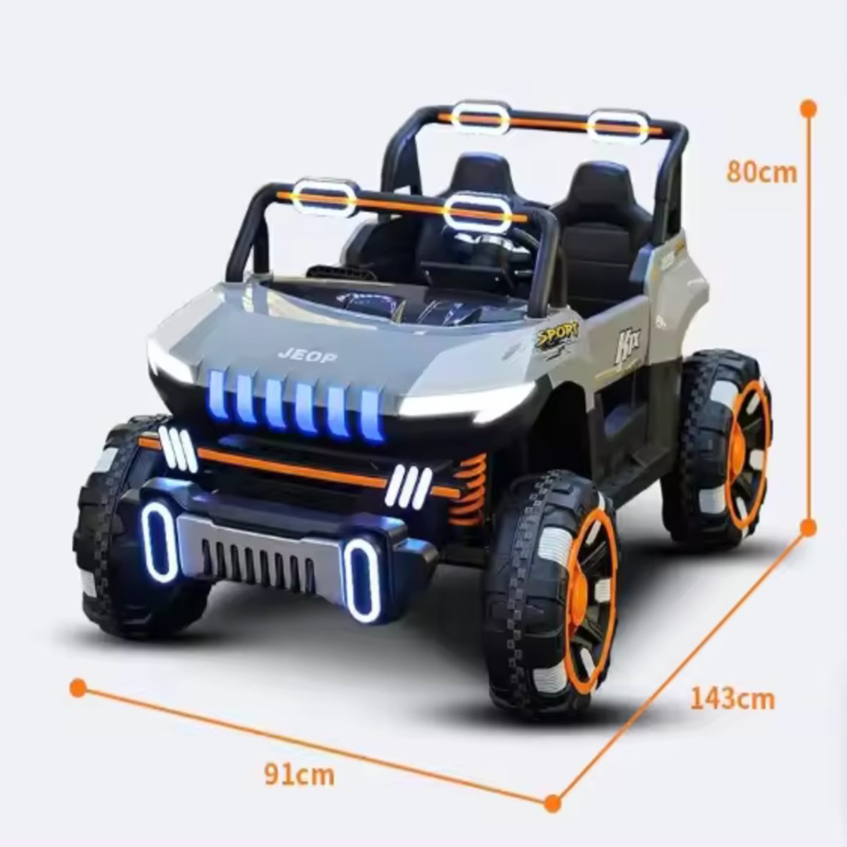 Grey 24V 2-seater UTV ride-on buggy for kids with Bluetooth, remote control, and off-road tires, dimensions shown.