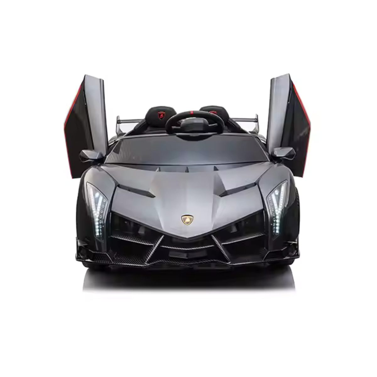 Licensed Lamborghini Veneno kids ride-on car in silver with open hydraulic doors and LED headlights.