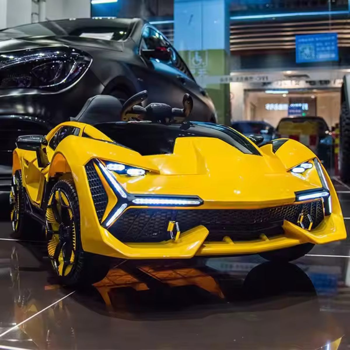 Yellow 12V Lamborghini inspired kids electric ride-on car with LED lights and realistic sporty design.