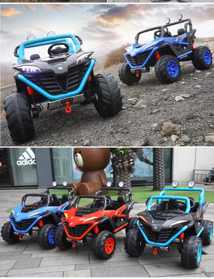 Two-seater ride-on electric buggies in blue, red, and black with EVA wheels on rocky terrain and pavement.