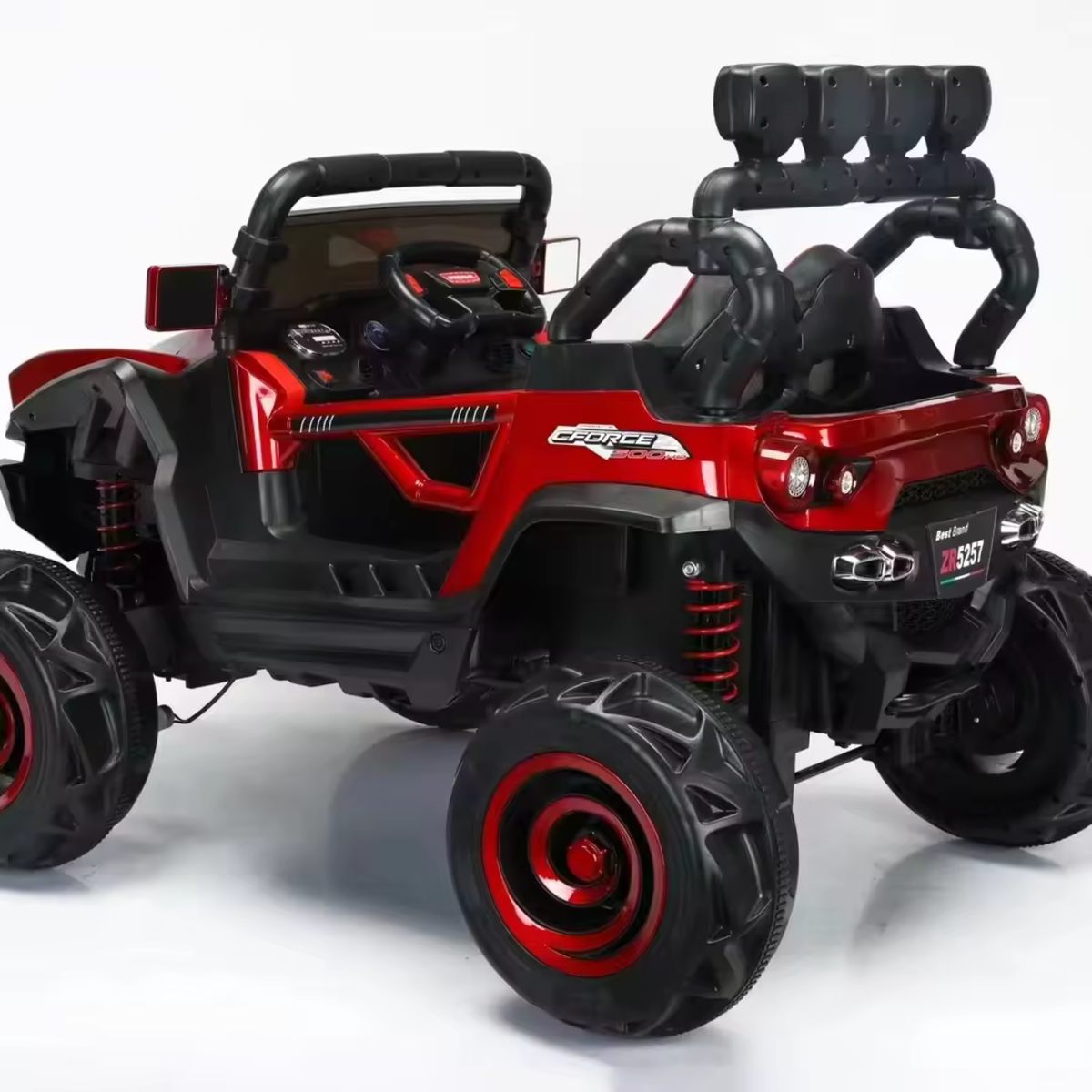 Red and black 12V 4x4 monster truck ride-on buggy for kids with chunky off-road tyres and adjustable seatbelt.