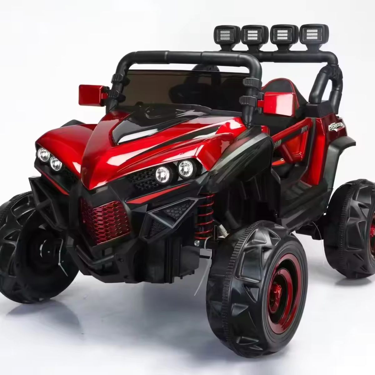 Red and black 12V 4WD monster truck ride-on buggy for kids with off-road tires and safety features.