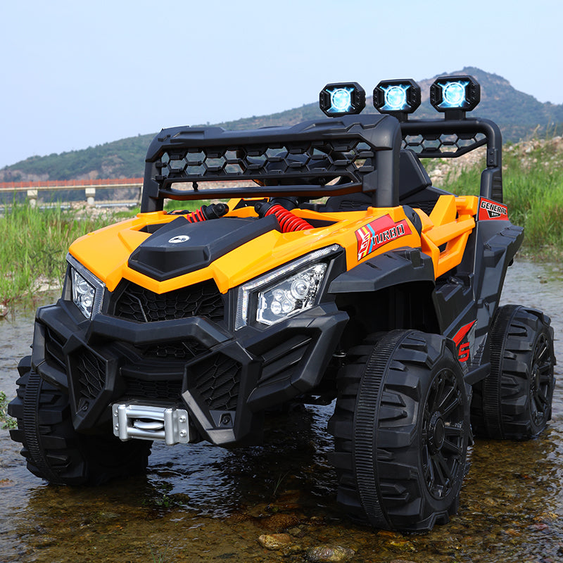 Orange 12v kids ride-on buggy with chunky wheels and LED lights, designed for ages 1 to 6 years old.