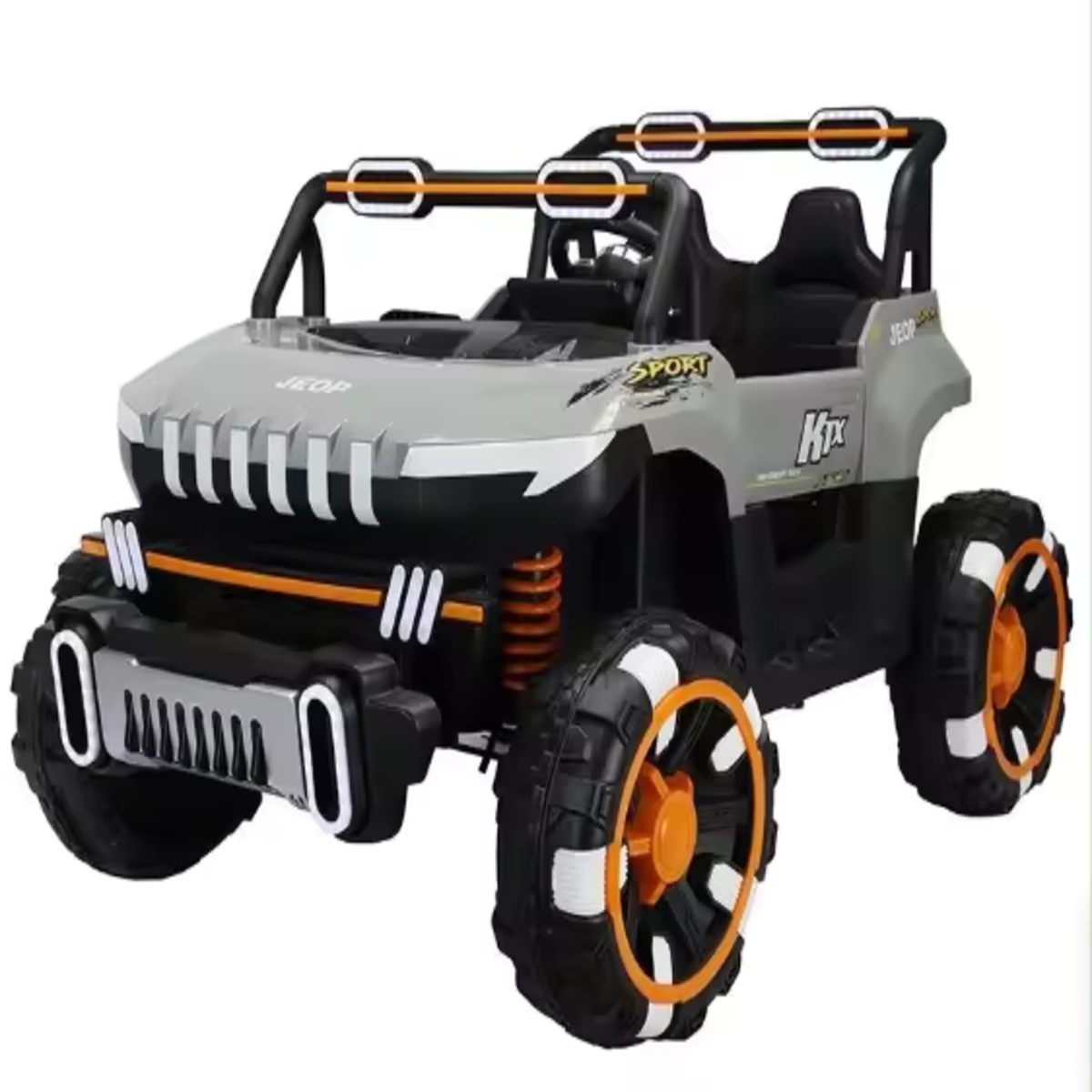 Grey 24V 2-seater UTV ride-on buggy for kids with Bluetooth, remote control, and off-road wheels