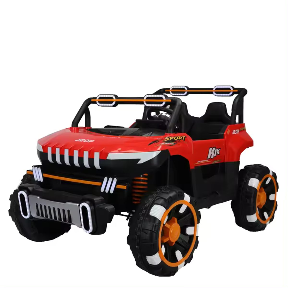 Red 24V 2-seater UTV ride-on buggy for kids with large tires, remote control, and Bluetooth entertainment system