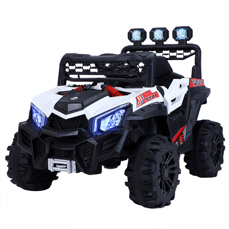 12v kids ride-on electric UTV buggy in white with black accents and blue LED headlights for ages 1 to 6 years