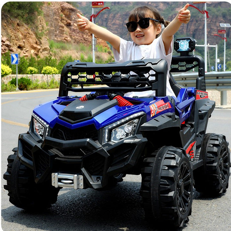Child wearing sunglasses driving a blue 12v kids ride-on electric UTV buggy on a paved road outdoors
