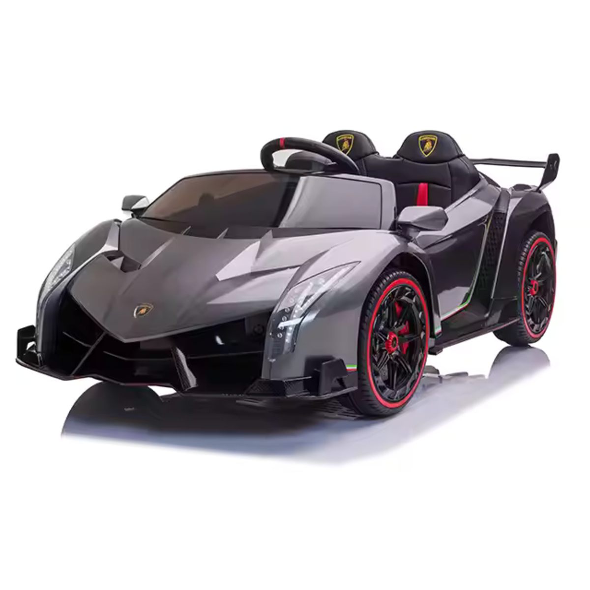 Silver licensed Lamborghini Veneno ride-on car for kids with detailed design and red-accented wheels.