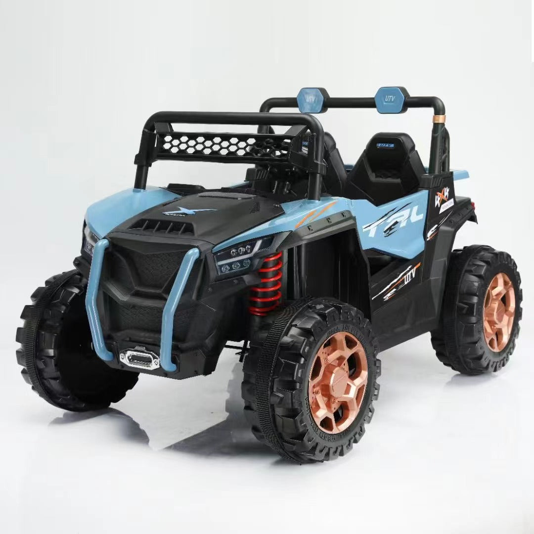 Blue 24V 2-seater electric UTV beach buggy for kids with 4WD, rugged tires, and sporty design