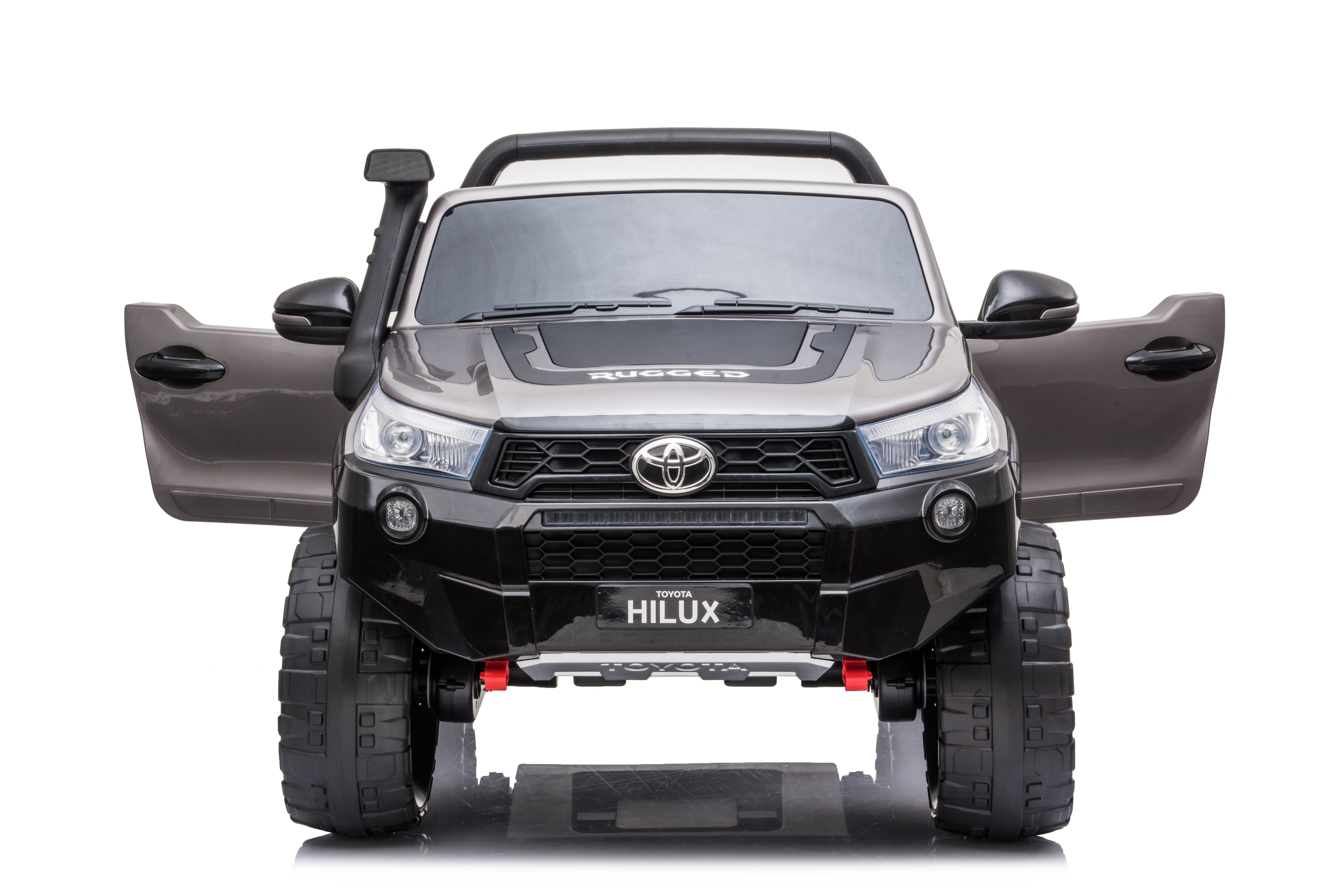 Spray painted grey 24V Toyota Hilux 4WD ride-on car for kids with opening doors and rugged off-road design