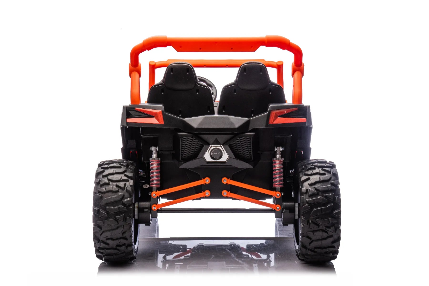 Rear view of orange 24V 1400W King of UTVs ZForce RZR Turbo 2-seater ride-on buggy with large off-road tires