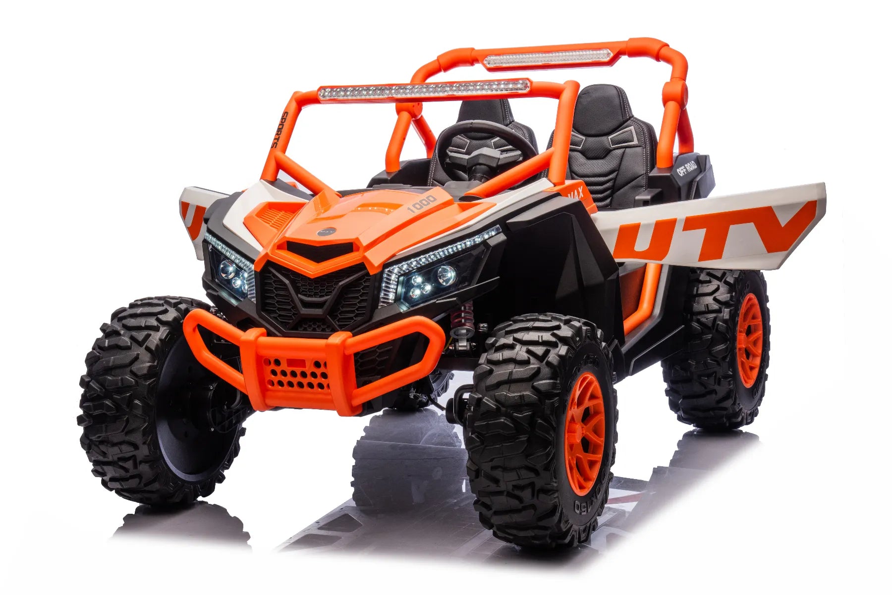 Orange 24V 1400W two-seater ride-on UTV buggy with rugged tires, LED lights, and detailed dashboard for kids aged 3-10