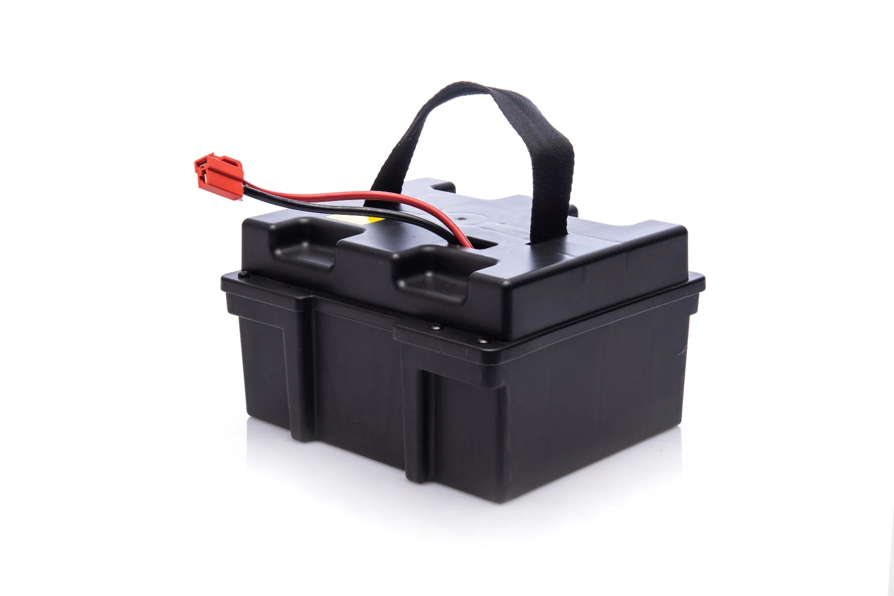 Black rectangular battery box with handle and red and black connecting wires for 24V kids ride-on vehicles