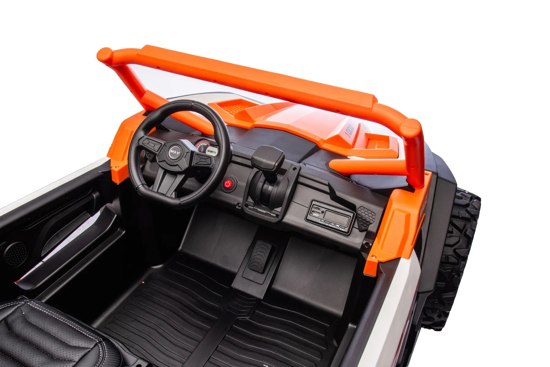 Interior view of orange 2-seater King of UTVs ZForce RZR Turbo 24V ride-on buggy with steering wheel and dashboard controls