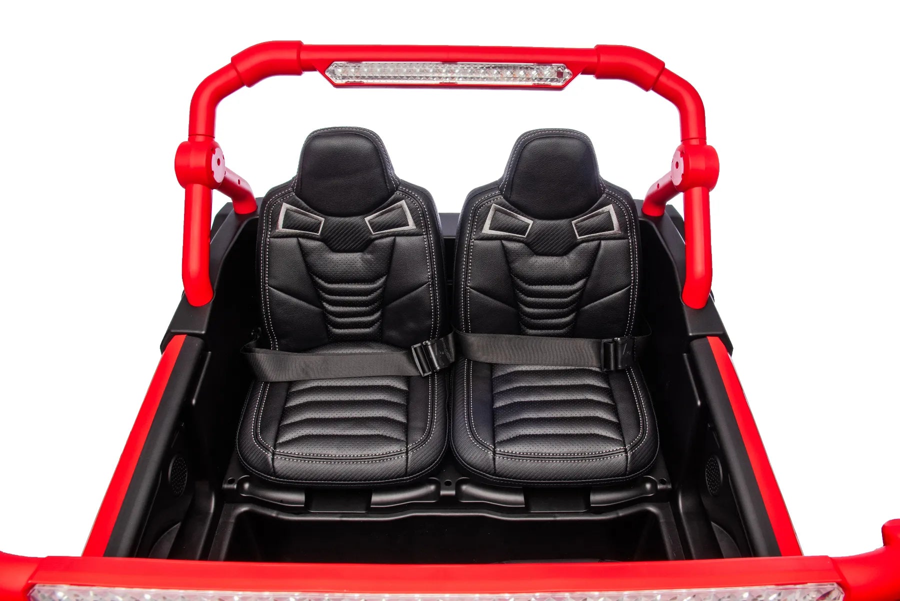 Black leather seats with seat belts in red 24V 2-seater electric ride-on UTV buggy for kids
