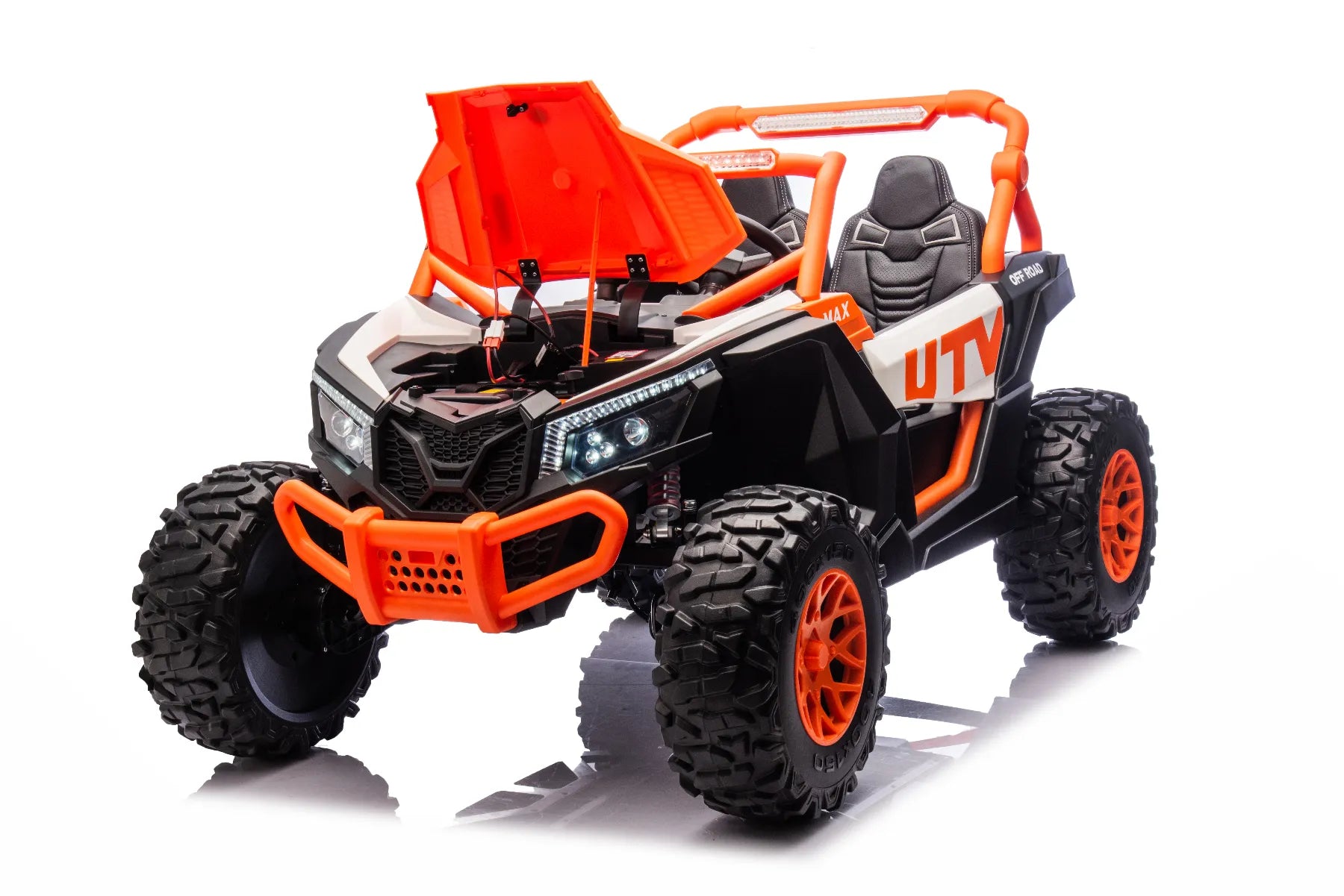 Orange 24V 1400W King of UTVs ZForce RZR Turbo 2-seater ride-on buggy with rugged tires and open hood detail