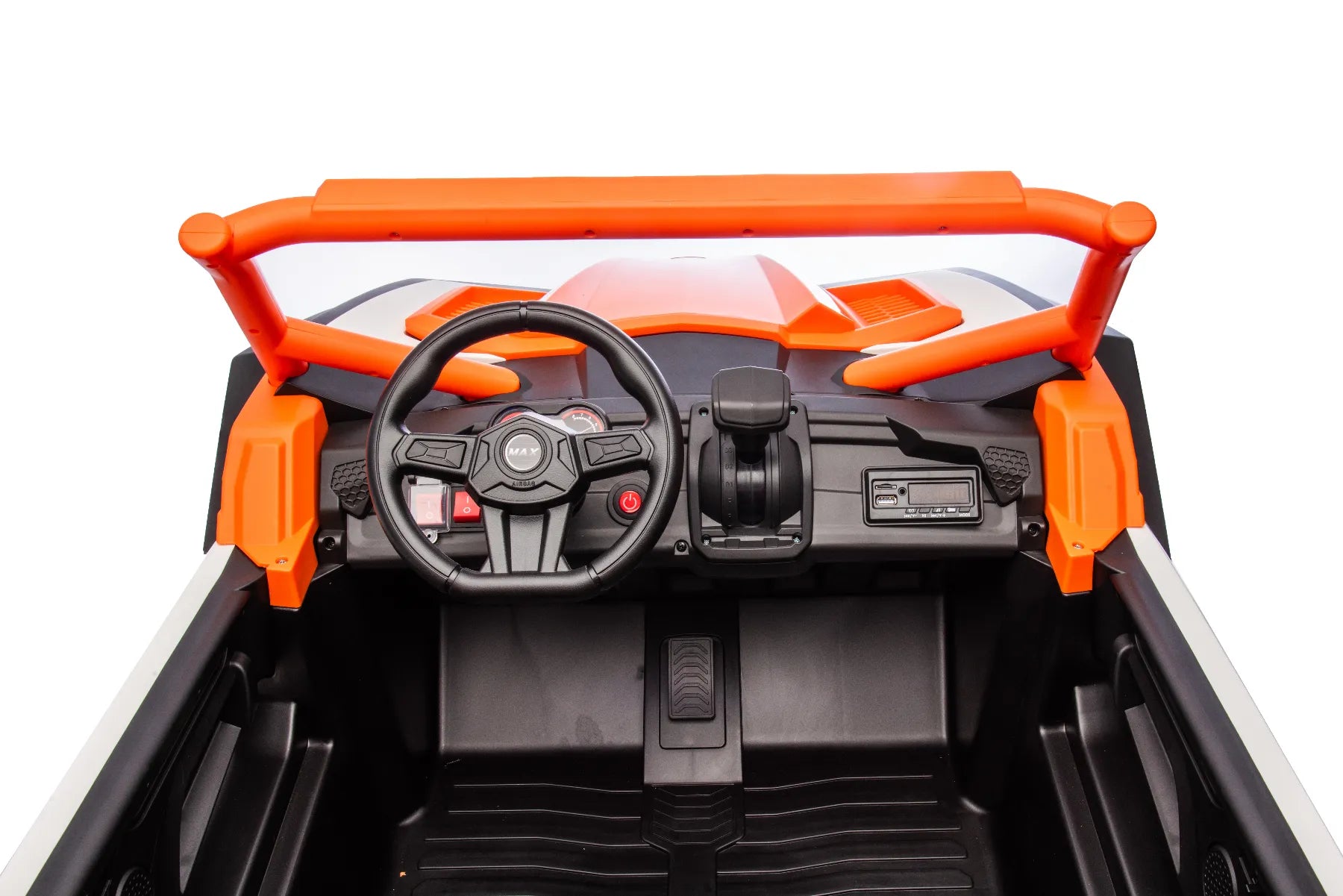 Top view of orange King of UTVs 24V 1400W 2-seater ride-on buggy dashboard with steering wheel and control panel