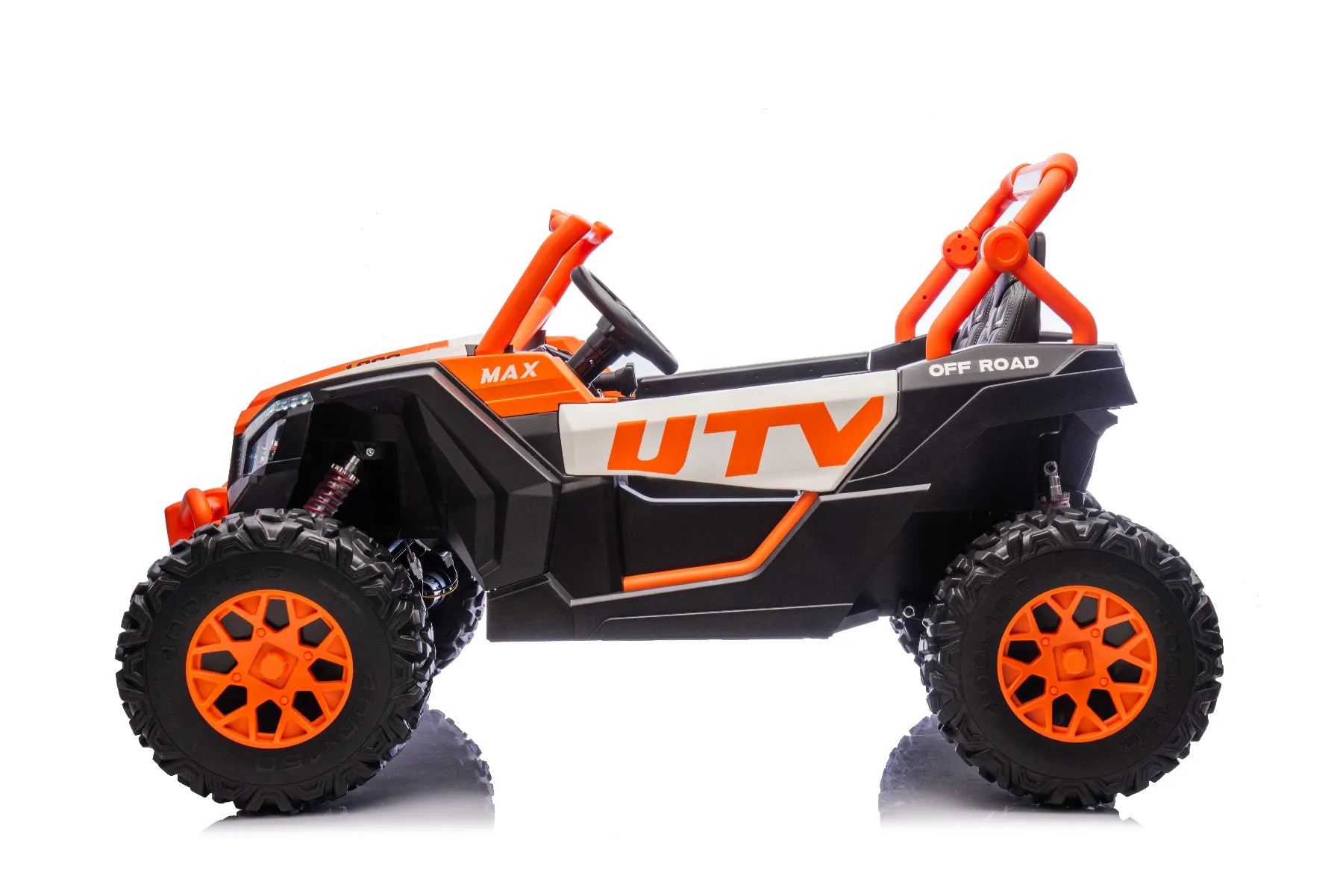 Side view of orange and black 24V King of UTVs ZForce RZR Turbo 2-seater ride-on buggy with rugged tires