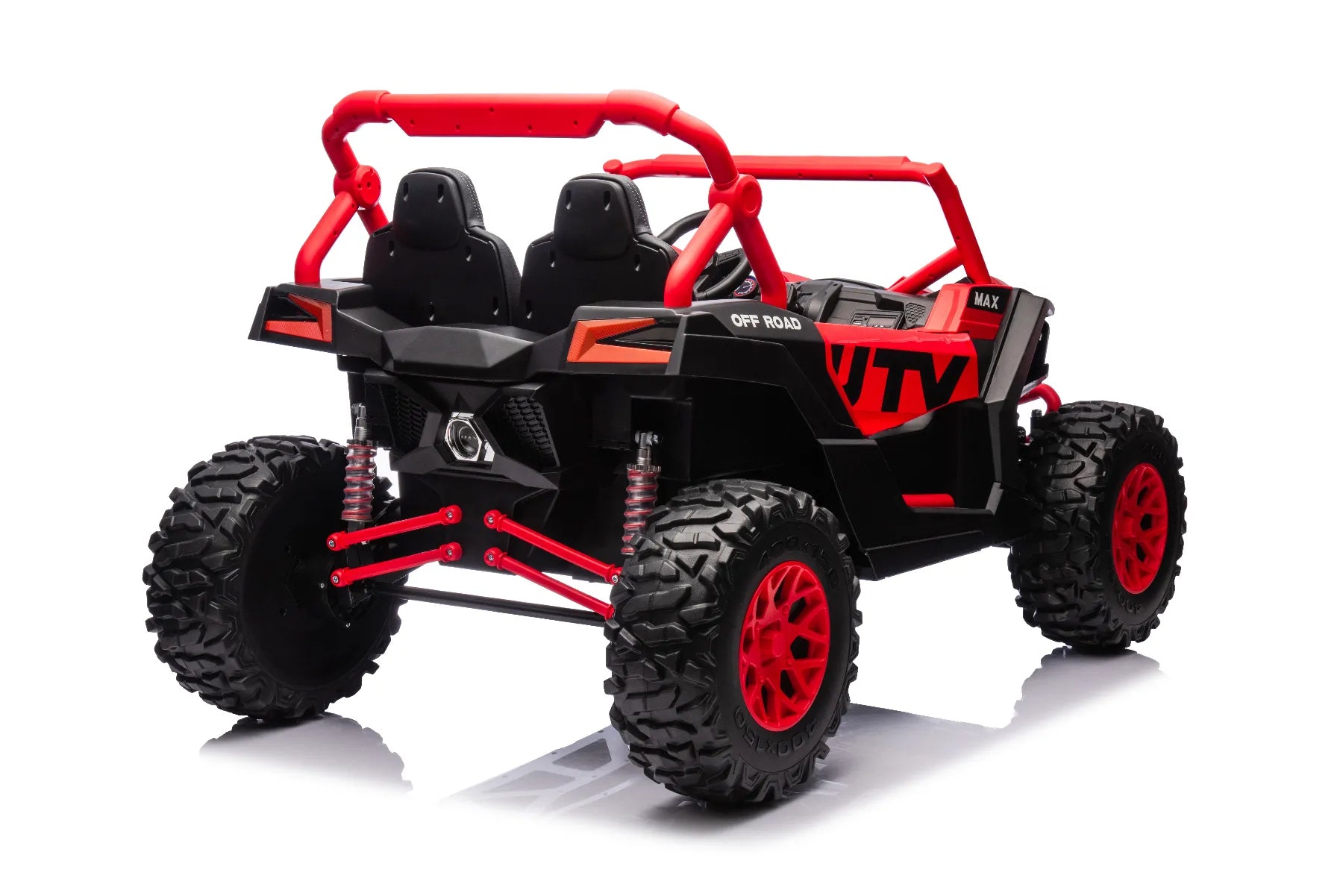Rear view of red King of UTVs ZForce RZR Turbo 24V 1400W kids 2-seater electric ride-on buggy with off-road tires