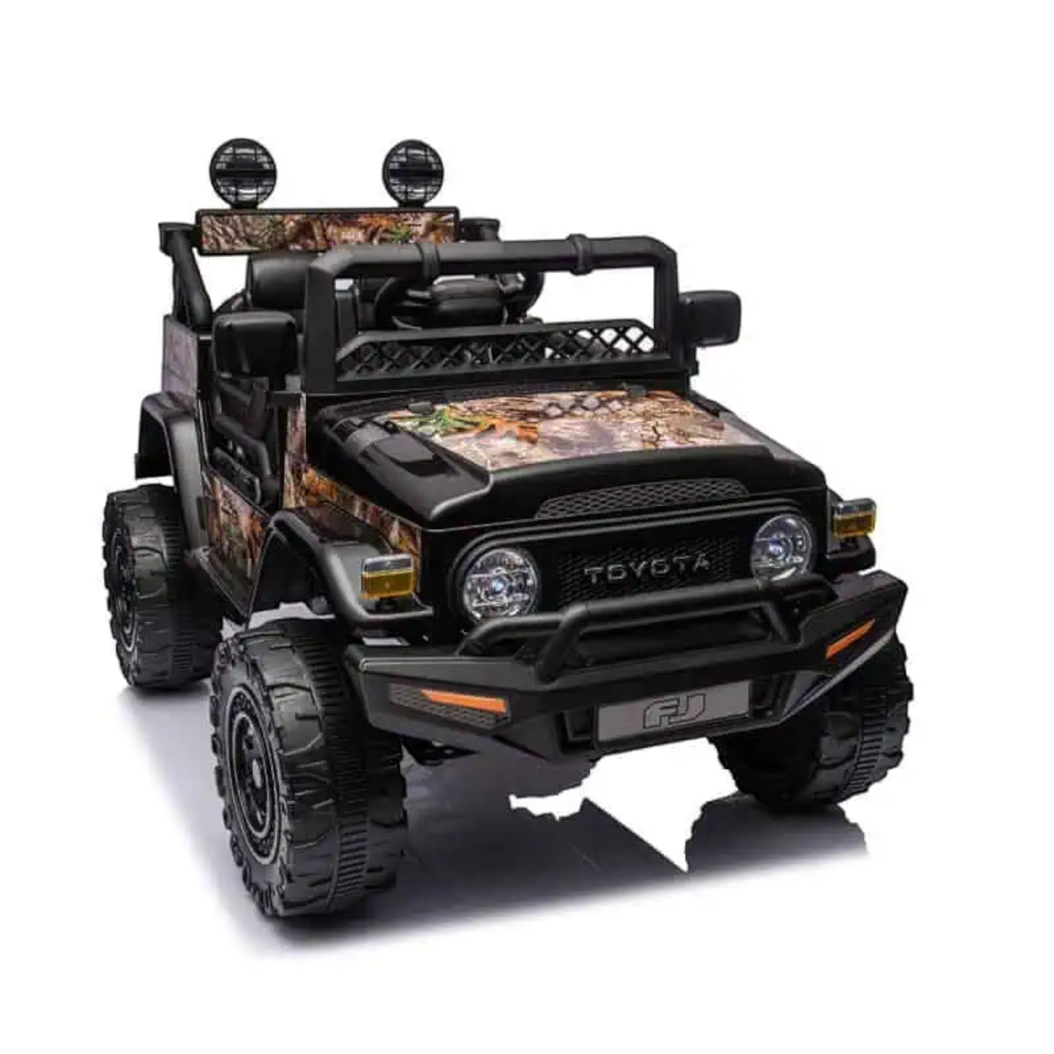 Black Toyota FJ Cruiser licensed electric ride-on toy car for kids with rugged off-road styling and LED lights