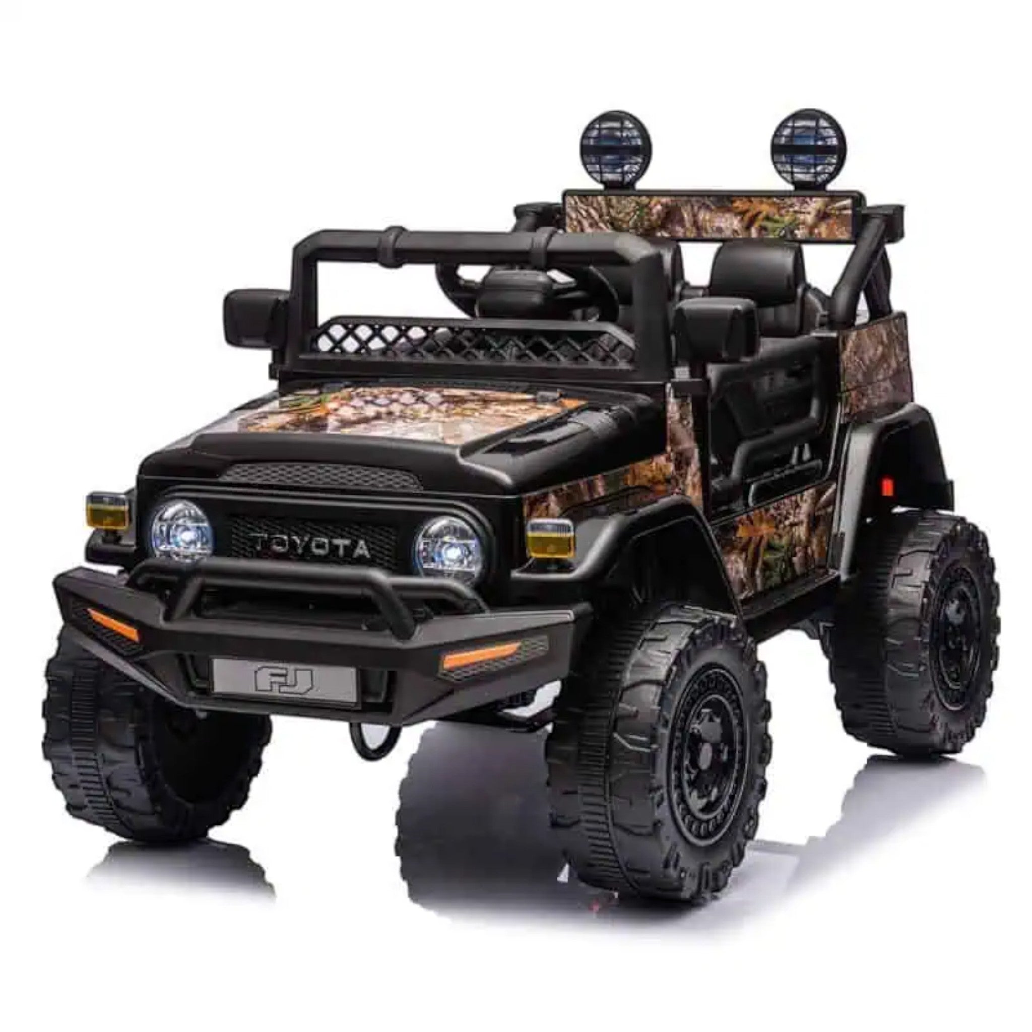 Black Toyota FJ Cruiser licensed electric ride-on toy car with camo details and off-road styling for kids ages 3 to 6.
