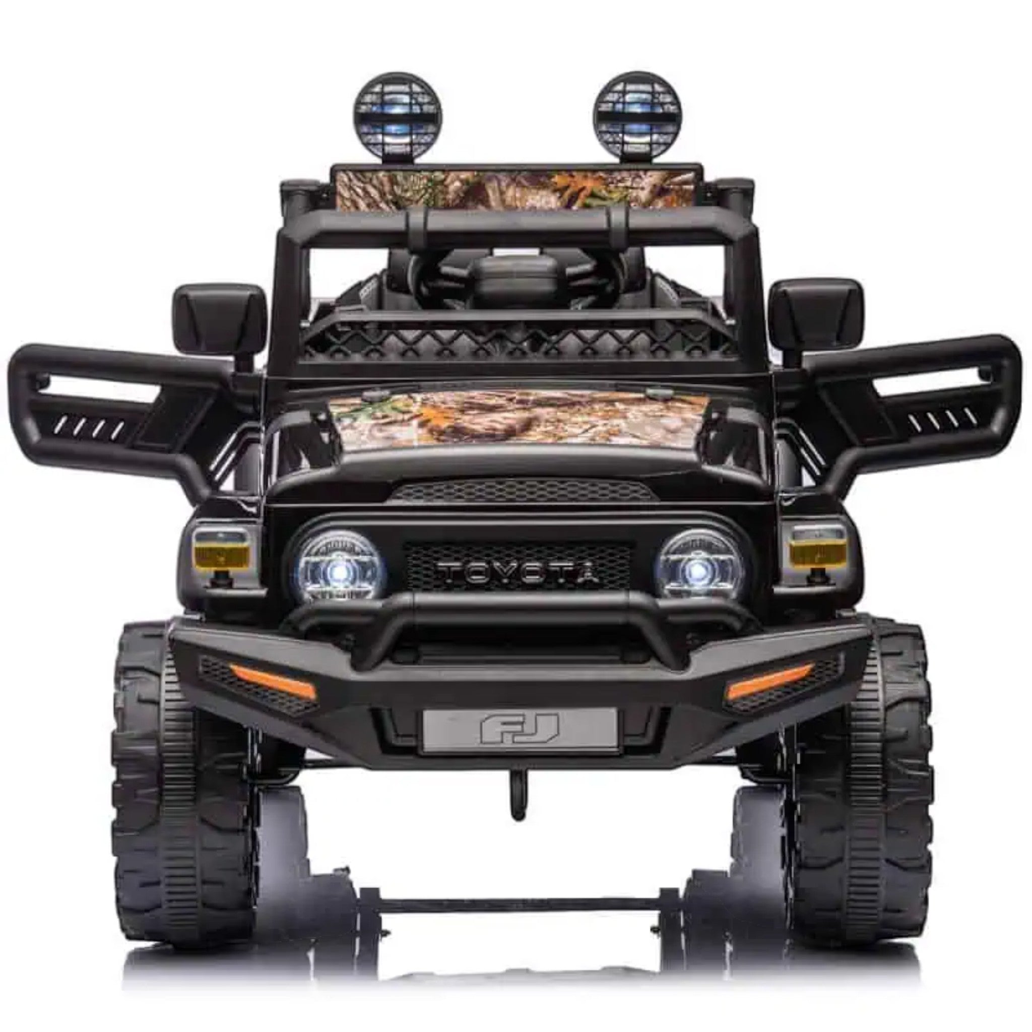 Front view of black Toyota FJ Cruiser licensed 12V electric ride-on toy car for kids with open doors and LED lights.