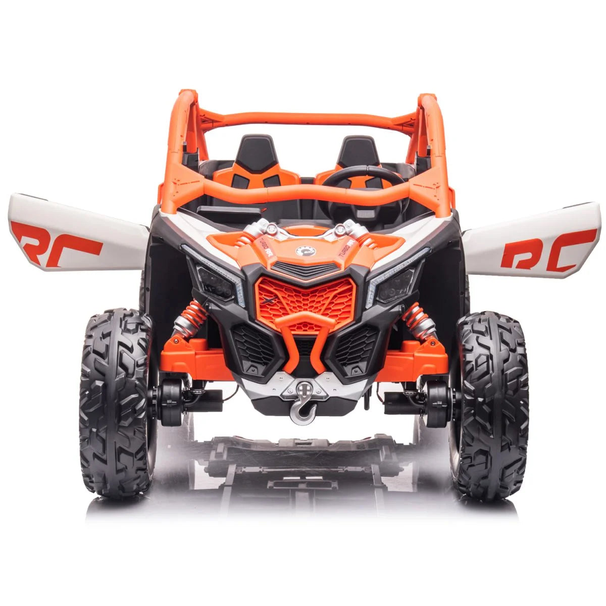 Front view of an orange licensed Can-Am electric 2-seater kids ride-on UTV buggy with open doors and rugged wheels
