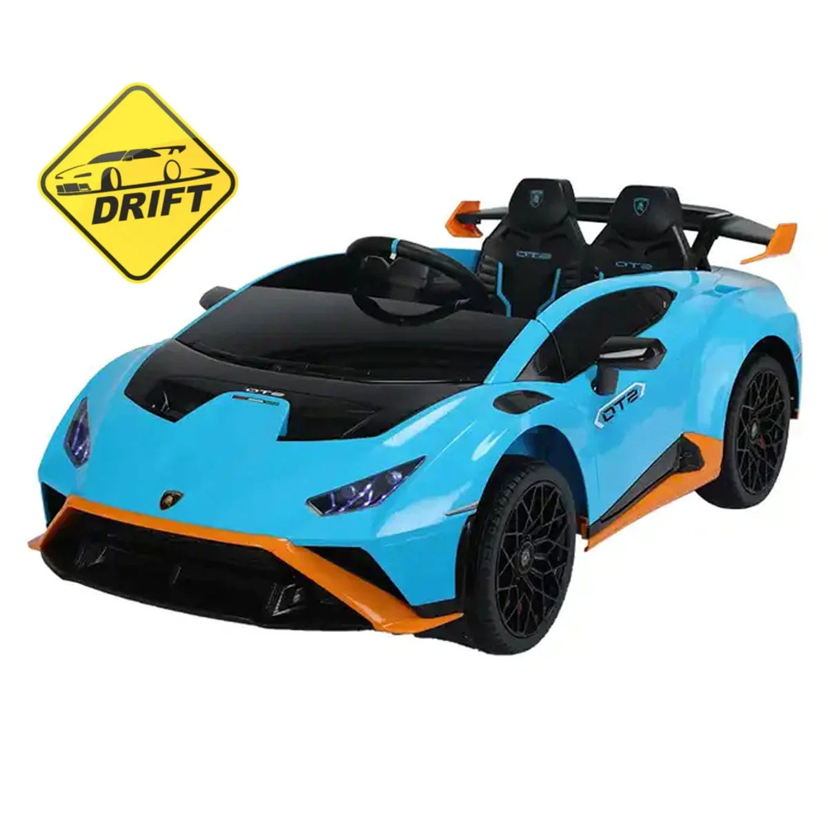 Blue 24V licensed Lamborghini Huracan STO kids ride-on car with remote control and 360-degree drift feature.