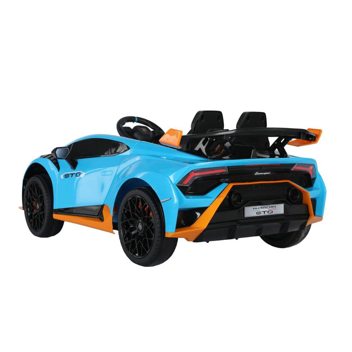 Blue 24V licensed Lamborghini Huracan STO ride-on car for kids with dual motors and remote control.