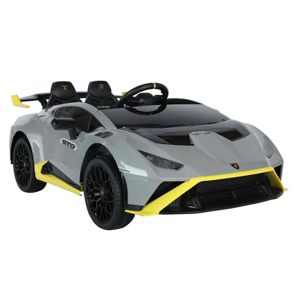 Grey 24V licensed Lamborghini Huracan STO ride-on car for kids with remote control and realistic details