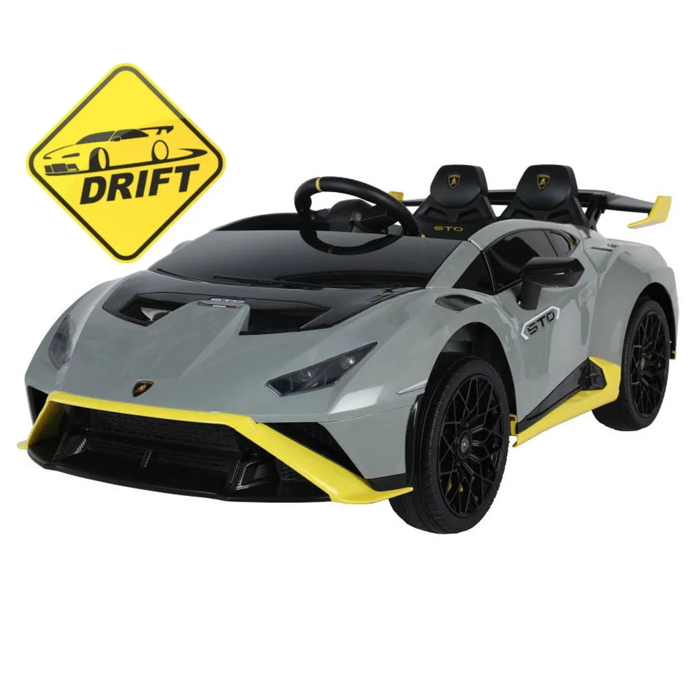 Grey 24V licensed Lamborghini STO ride-on car for kids with remote control and 360-degree drift capability.