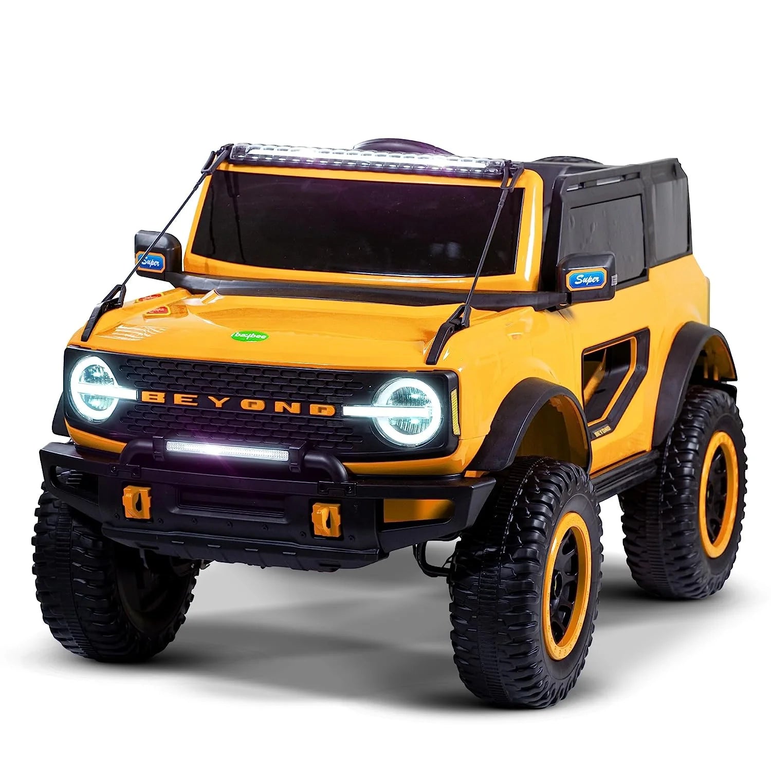 Yellow Ride-On Jeep Beyond 12V 4WD SUV for kids with remote control, LED lights, and rugged off-road tires.