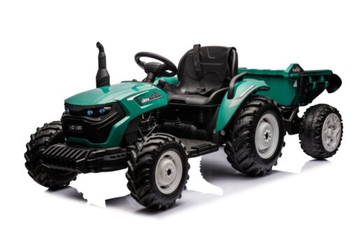 Teal green 24V kids ride-on tractor with dual motors, detachable trailer, LED lights, and remote control.