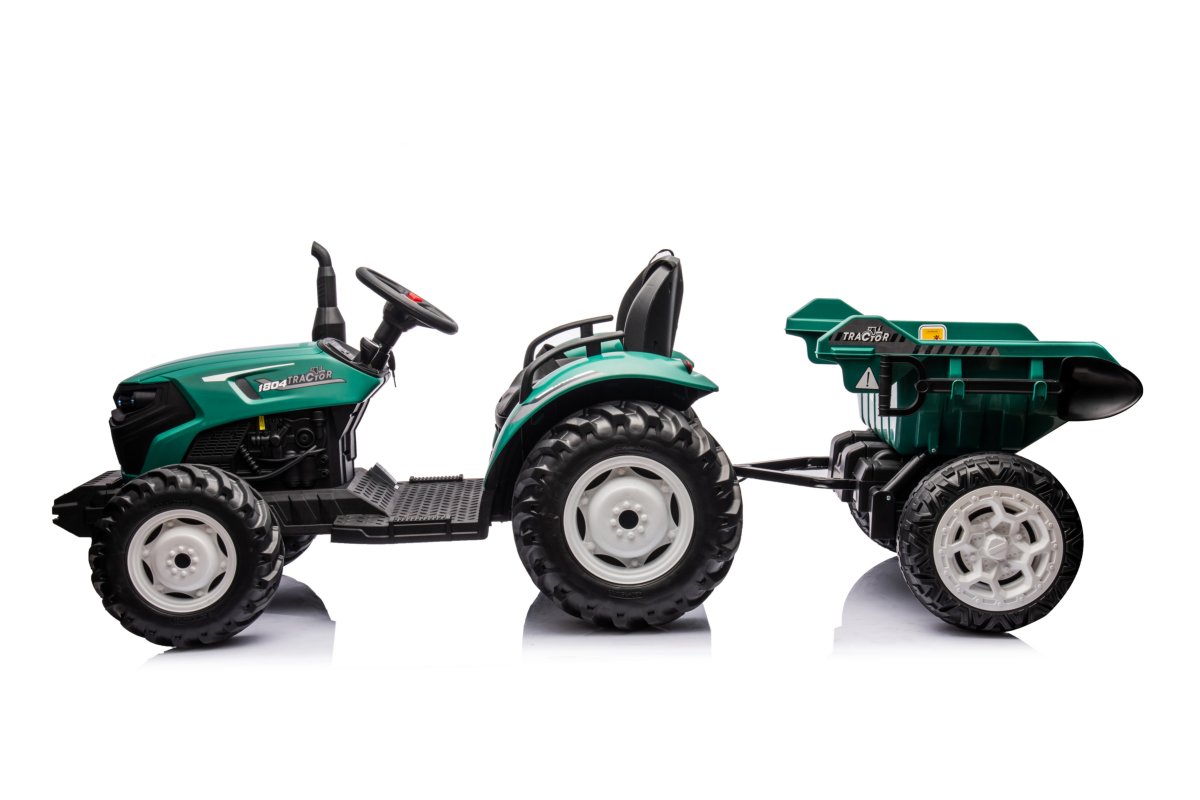 Green kids ride-on tractor with detachable trailer, realistic design, dual motors, and parental remote control.