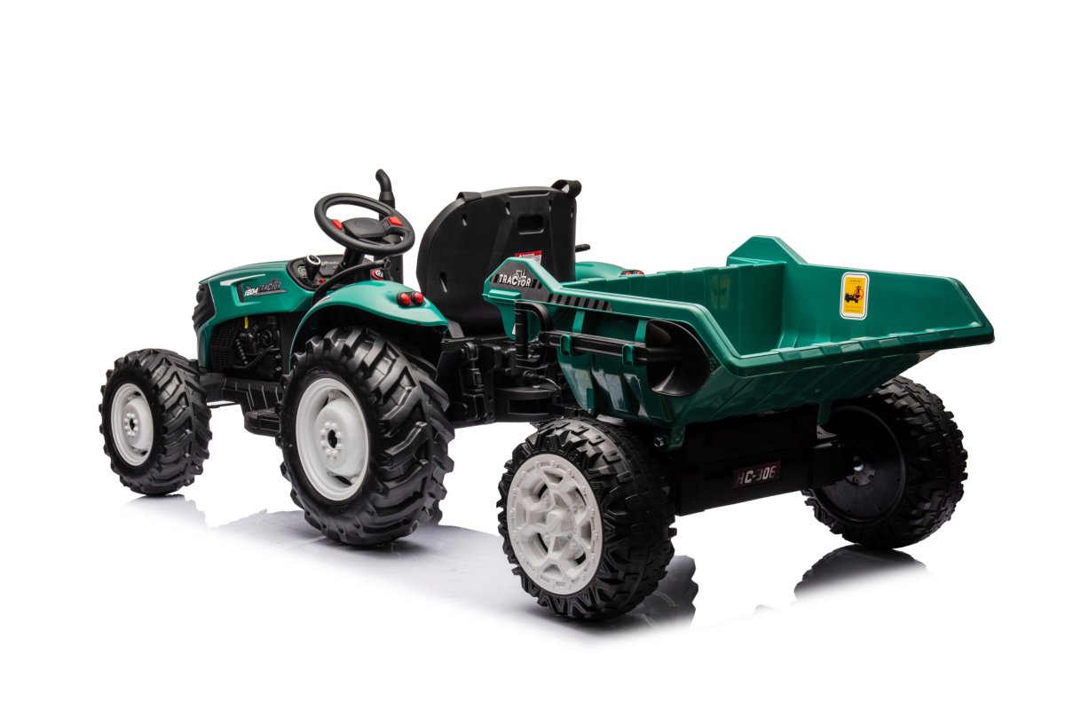 Green 24V kids ride-on tractor with detachable trailer, dual motors, realistic design, and remote control.