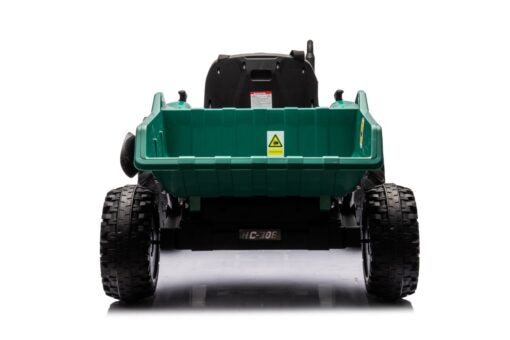 Rear view of teal green 24V kids ride-on farm tractor with detachable trailer and rugged wheels on white background