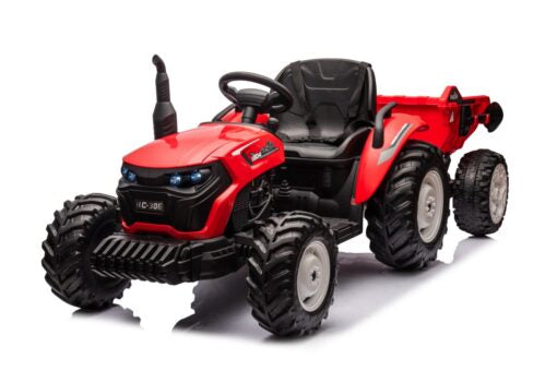 Red 24V kids ride-on farm tractor with dual motors, trailer, LED lights, and remote control for ages 2 to 8.