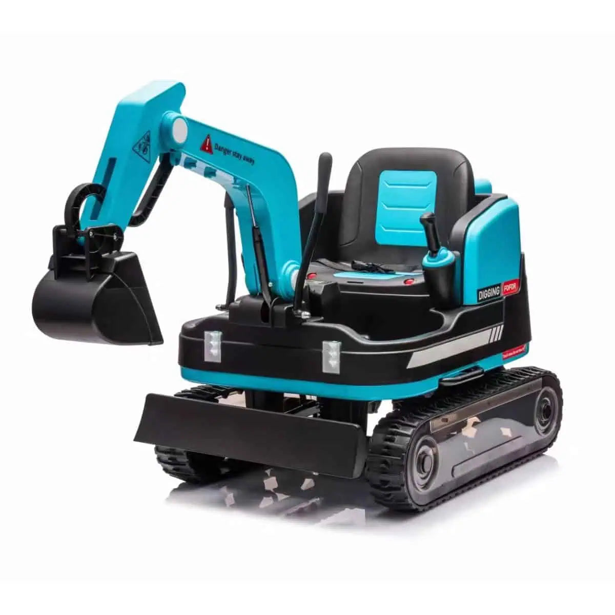 24V blue ride-on electric excavator for kids with dual motors, manual digging arm, and realistic construction design