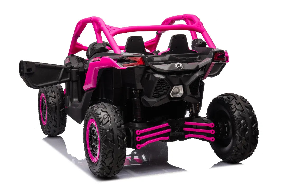 Rear view of pink 24V 800W licensed Can-Am Maverick 4x4 kids ride-on UTV buggy with off-road tires and two seats