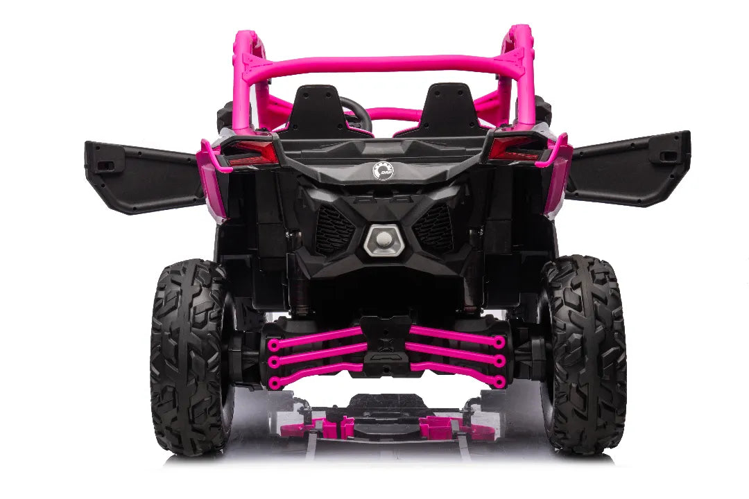 Rear view of pink 24V licensed Can-Am Maverick 4x4 kids ride-on UTV buggy with open doors and rugged tires