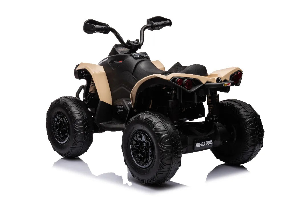 Rear view of khaki 24V 800W Can-Am Renegade 4x4 licensed kids quad bike with black rugged tires and seat
