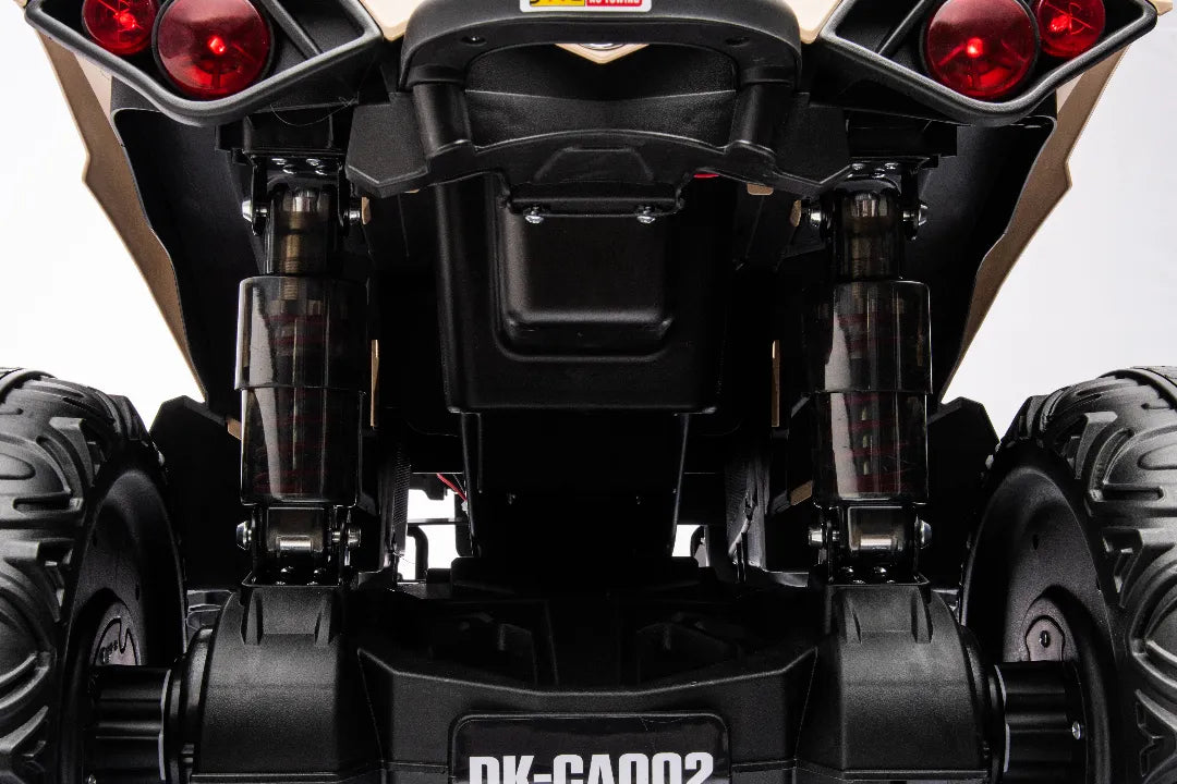 Rear close-up of khaki 24V 800W Can-Am Renegade 4x4 licensed quad bike with rugged suspension and black tires