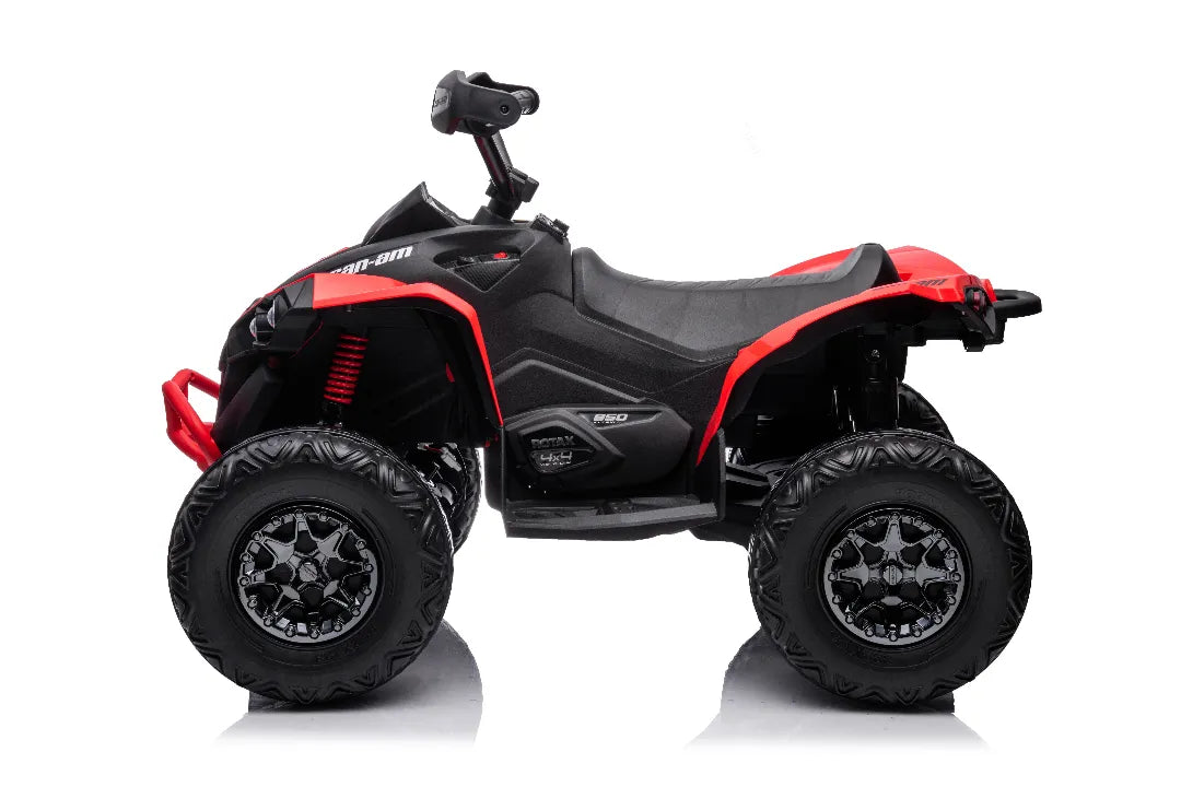 Licensed red 24V Can-Am Renegade ride-on quad bike with four 200W motors and rugged all-terrain tires for kids