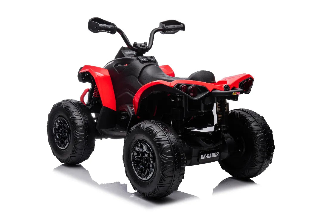Rear angled view of red licensed 24V Can-Am Renegade ride-on ATV quad bike with rugged tires and black seat
