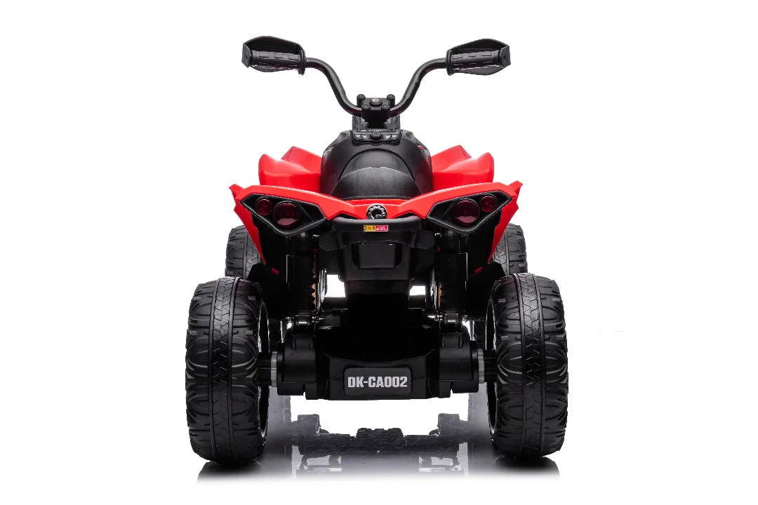 Rear view of red licensed 24V Can-Am Renegade quad bike with four black rugged tires and black handlebars